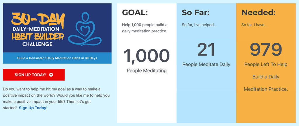 Hellagood Life goal of teach 1000 people how to build a daily meditation practice is currently at 21 people taught so far.