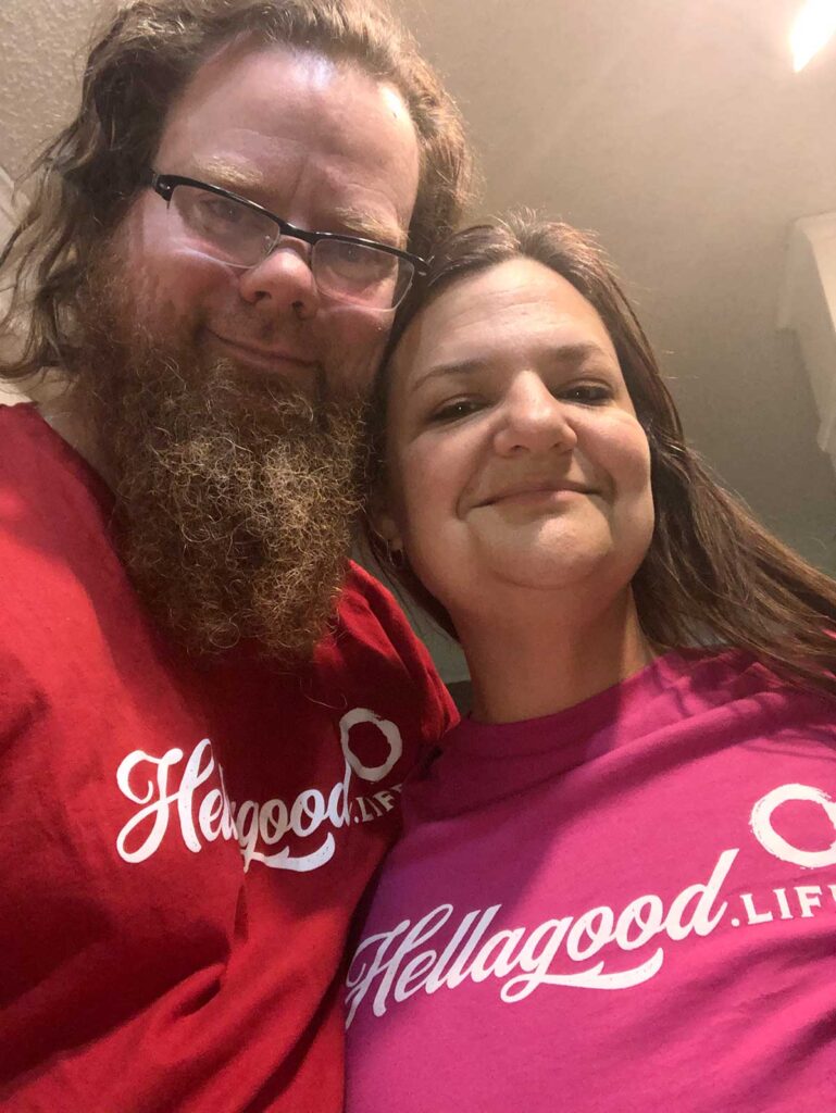What is attachment? Betsy and Dale hugging in Hellagood Life shirts.